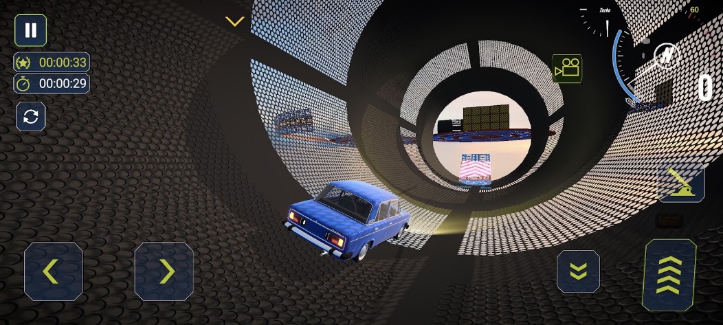 A car driving through a giant stunt tunnel in Car Skill Test